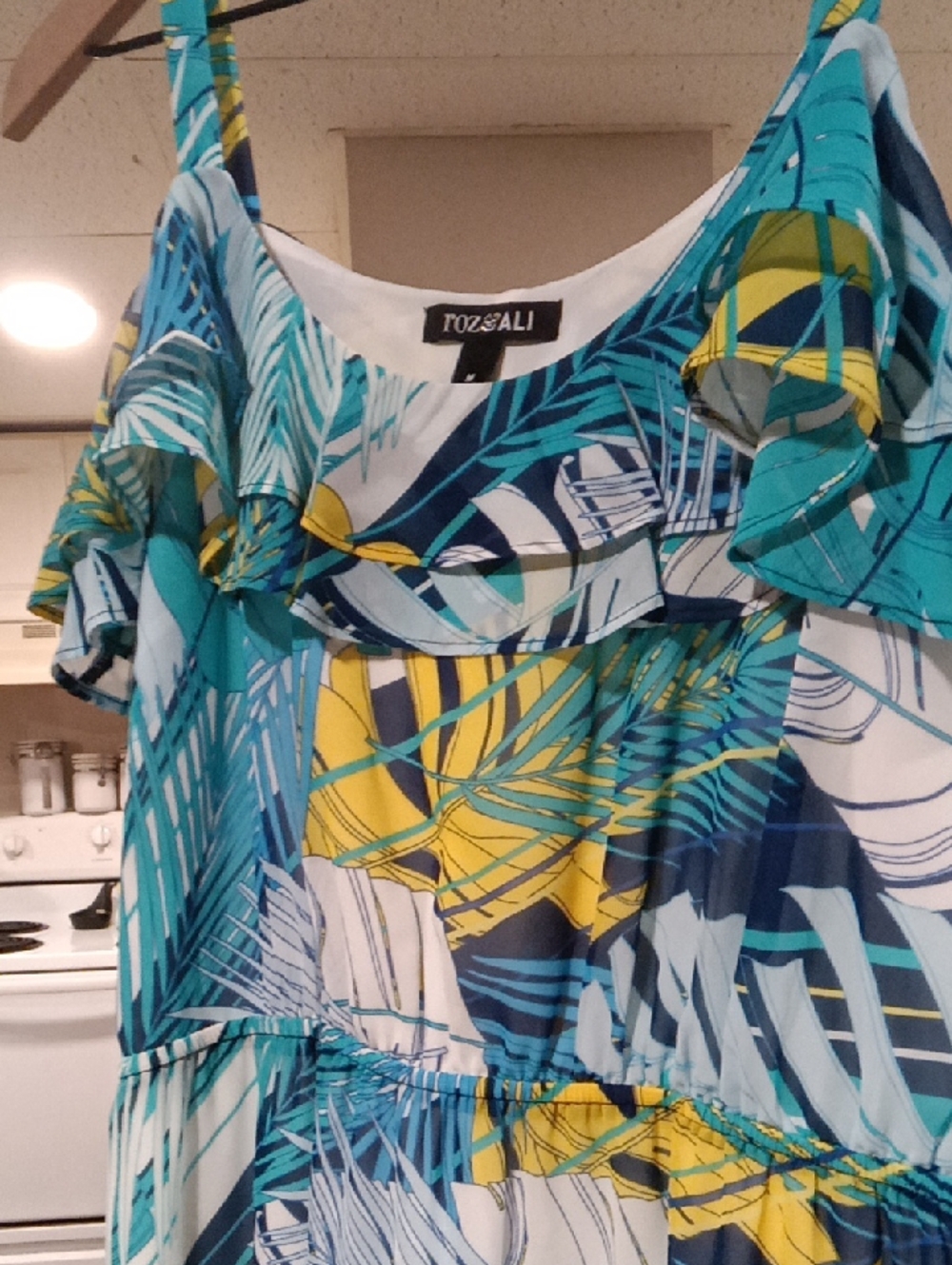 Roz & Ali Tropical Print Asymmetrical Dress in Teal, Yellow, Navy & White